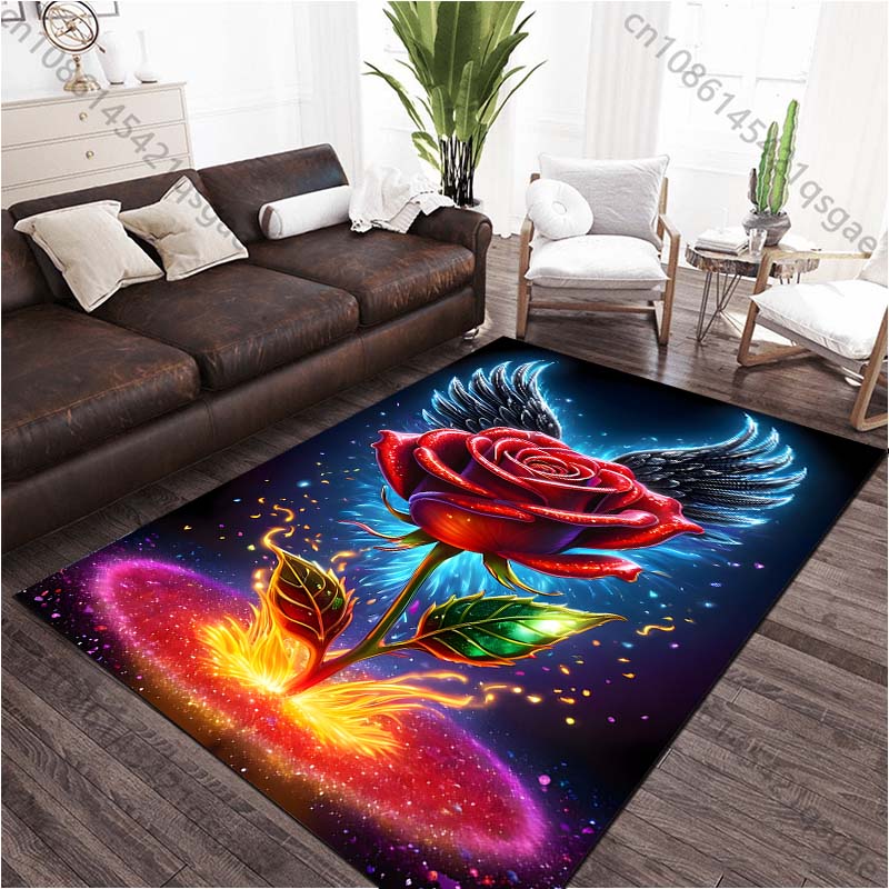 Roses and Angel Wings Printed Carpet for Living Room Bedroom Bedside Bathroom Floor Mat Area Rugged Sofa Mat Home Decor