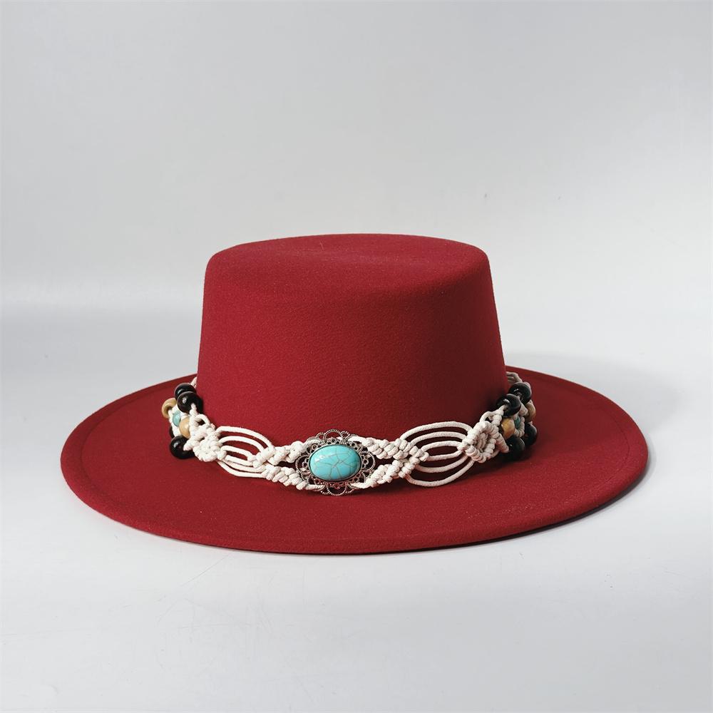 TurquoiseFedora Hat Women Men Autumn Winter Classic Felt Wide Brim Flat Top Jazz Panama Hat Casual Party Church Hat