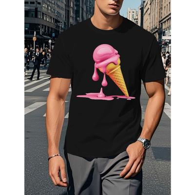 Europäische Größe Herren Sommer T-Shirt mit schmelzendem Eiswaffel-Design, Kurzarm, Rundhalsausschnitt, Polyester - Maschinenwaschbar