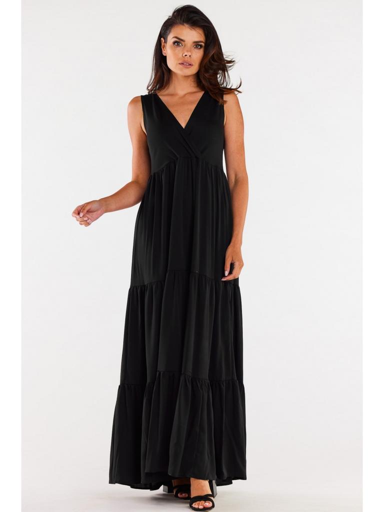 Loose Viscose Summer Maxi Dress with a Wrap Neckline, Black S