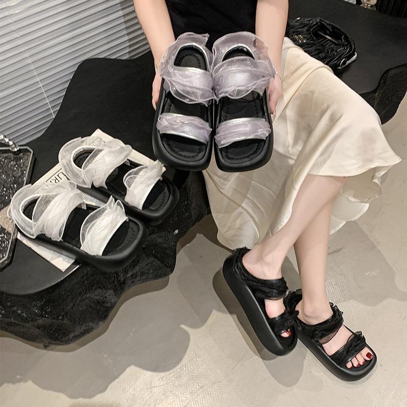 Lace Lace One-word Drag Women's Summer New Thick-soled Retro Outer Slippers Heightened Small Cool Slippers