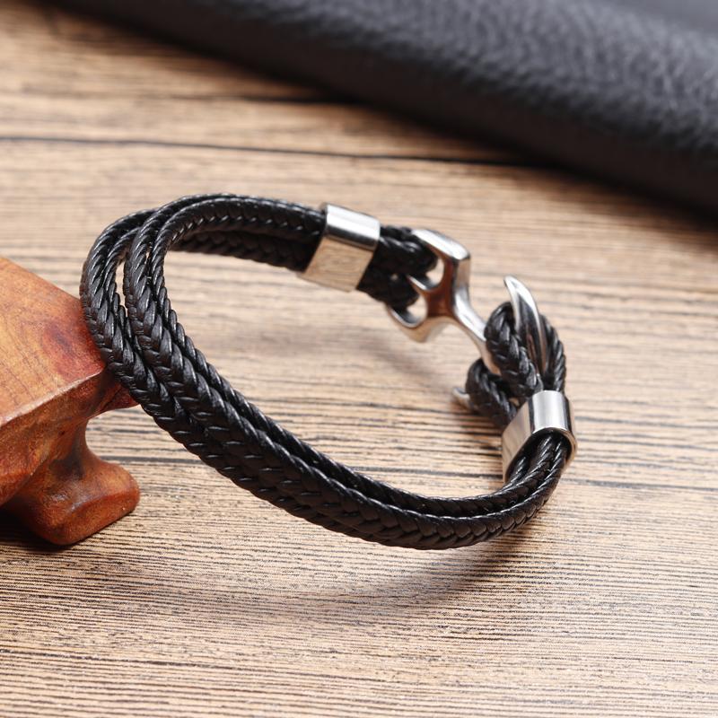 2018 Fashion Stainless Steel Anchor Bracelet Men Black Braided Cowhide Leather Rope Bracelets Wrap Punk Charm Jewelry