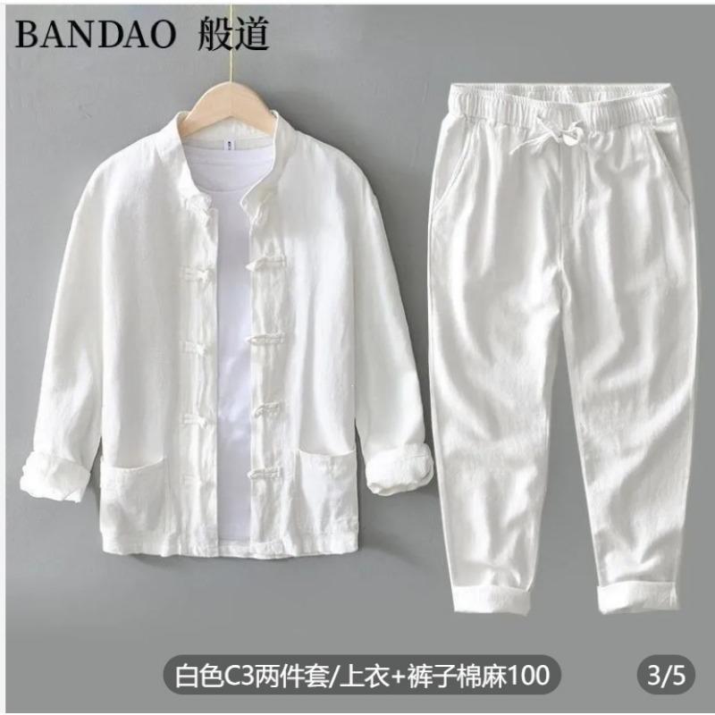 Men s Cotton and Linen Suit New Chinese Style Stand-up Collar Button-down Shirt Linen Jacket Thin Zen Meditation M белый