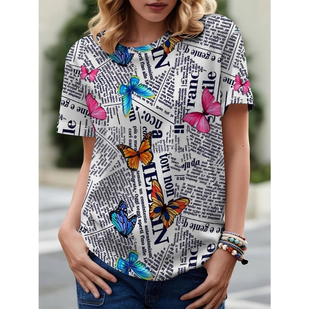 Women's Striped Letter Print T-Shirt Casual Round Neck Short Sleeve Summer Loose Tee Top Daily Loose