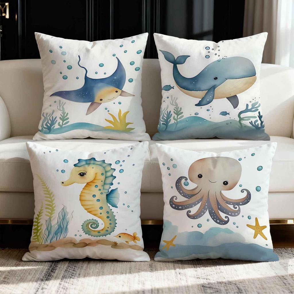 Cartoon marine animal theme digital printing pillow cover Short plush Suitable living rooms bedrooms sofas throw cushion cover