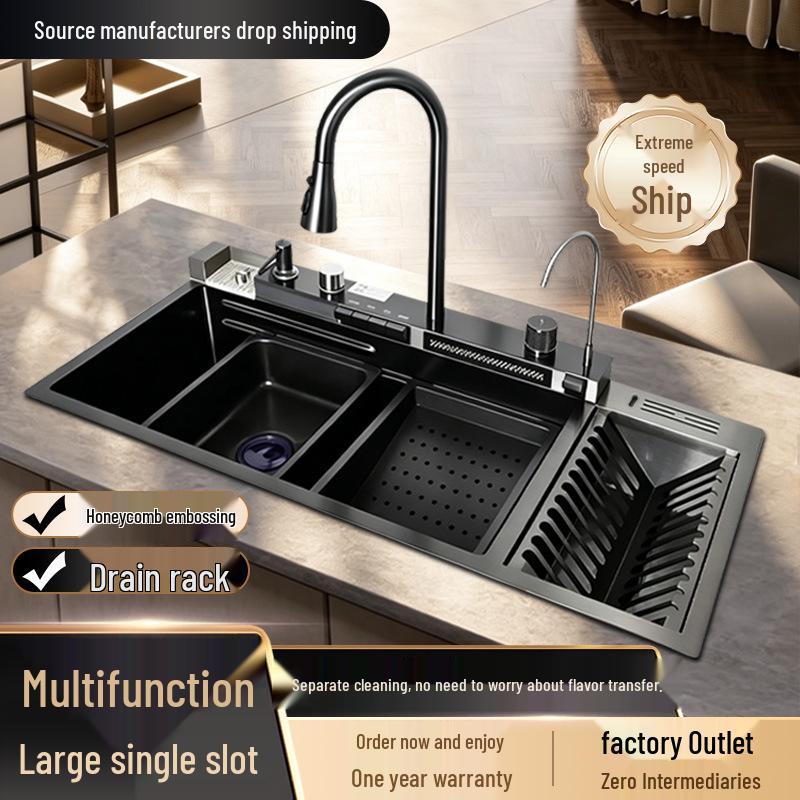 Whale Waterfall Rain Spray Large Single Bowl Sink with Draining Rack and Stainless Steel Vegetable Washing Basin