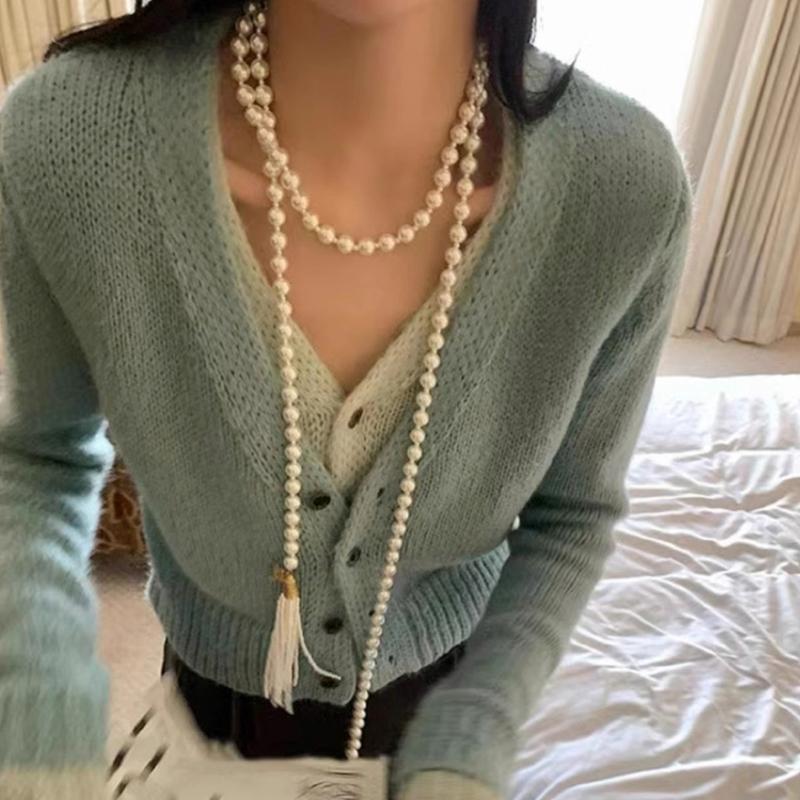 Imitation Pearls Bead Necklace Tassels Choker Elegant Fringes Neckchain Fashion Accessory for Sweaters and Waist