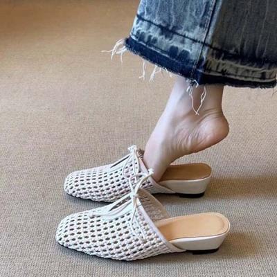 French British Style Square Head Hollowed Out Hand-woven Wedge Heel Women's Shoes 2025 New Bag Head Single Shoes