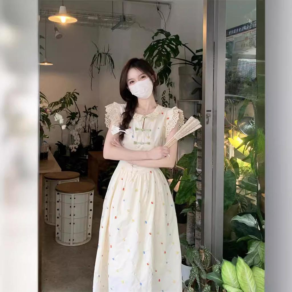 Gentle wind design sense niche French waist fairy embroidered floral dress spring and summer high-end lady dress