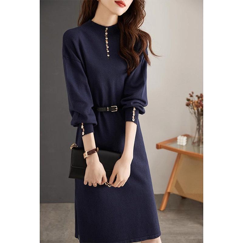 Retro Royal Sister Style Solid Color Mid-length Inner Sweater Dress Winter Half-high Neck Base Knitted Dress