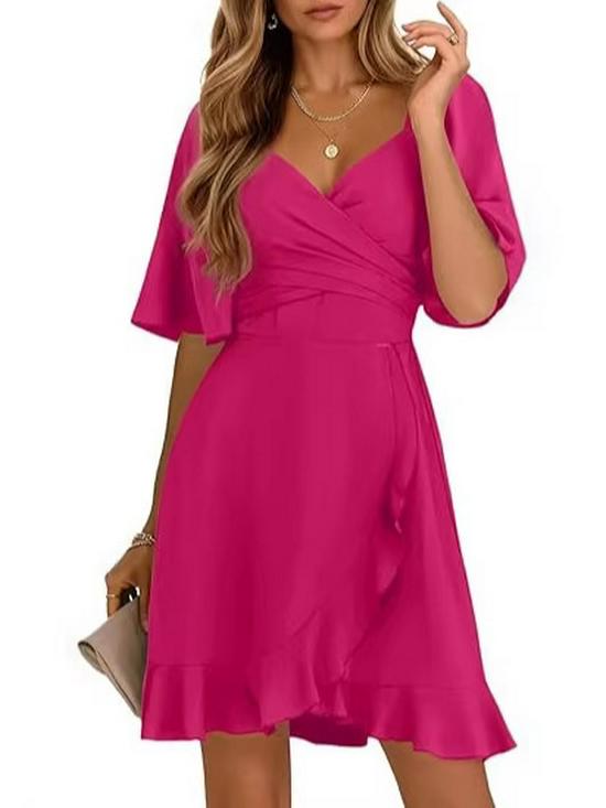 2026 V-Neck Solid Color Ruffle Summer Dress for Women - Stylish Waist-cinching European and American Fashion