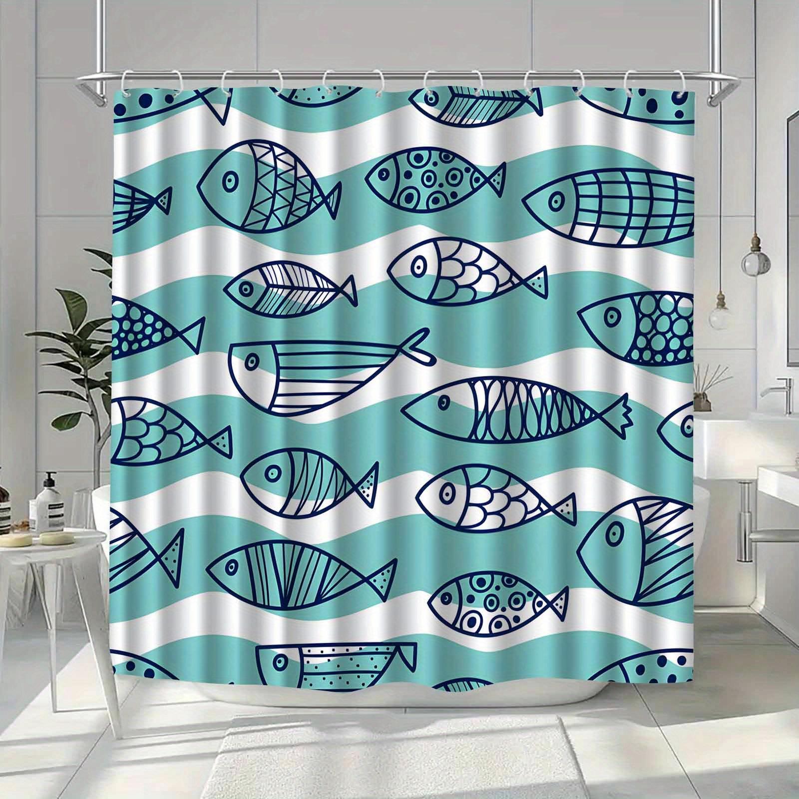 

1Pc Cute Fish And Wavy Striped Shower Curtain With Hooks, Machine Washable Polyester, Suitable For Bathroom Dcor. W60H190(CM)-1 Pcs