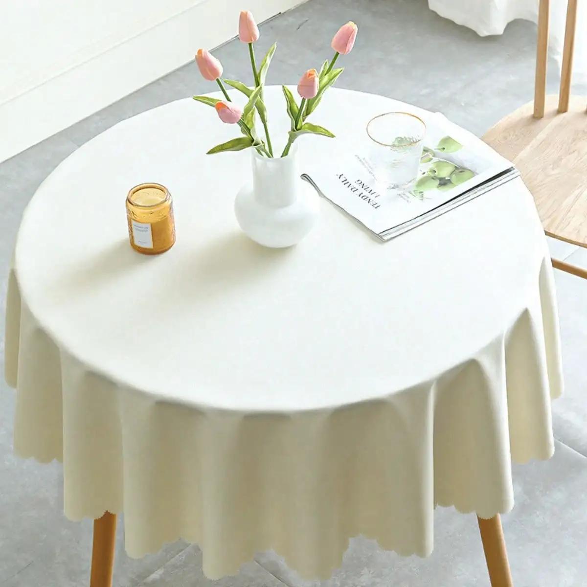 

1Pc Waterproof And Oil-Proof Round Table Cloth With Lace Edge,Nordic Style Solid Color Linen Table Cover For Easy Cleaning 120cm Round світло-бежевого кольору