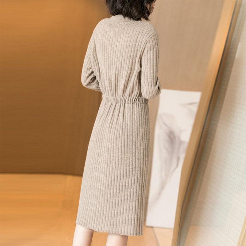Spring Autumn Lapel Knit Dress Women's Long Loose Tie Sweater Dresses