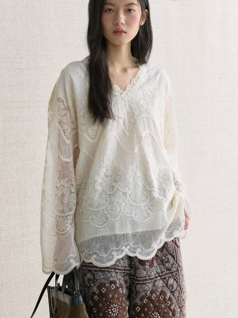 Elegant 3D Embroidered Lace V-Neck Double-Layer See-Through Top for Women