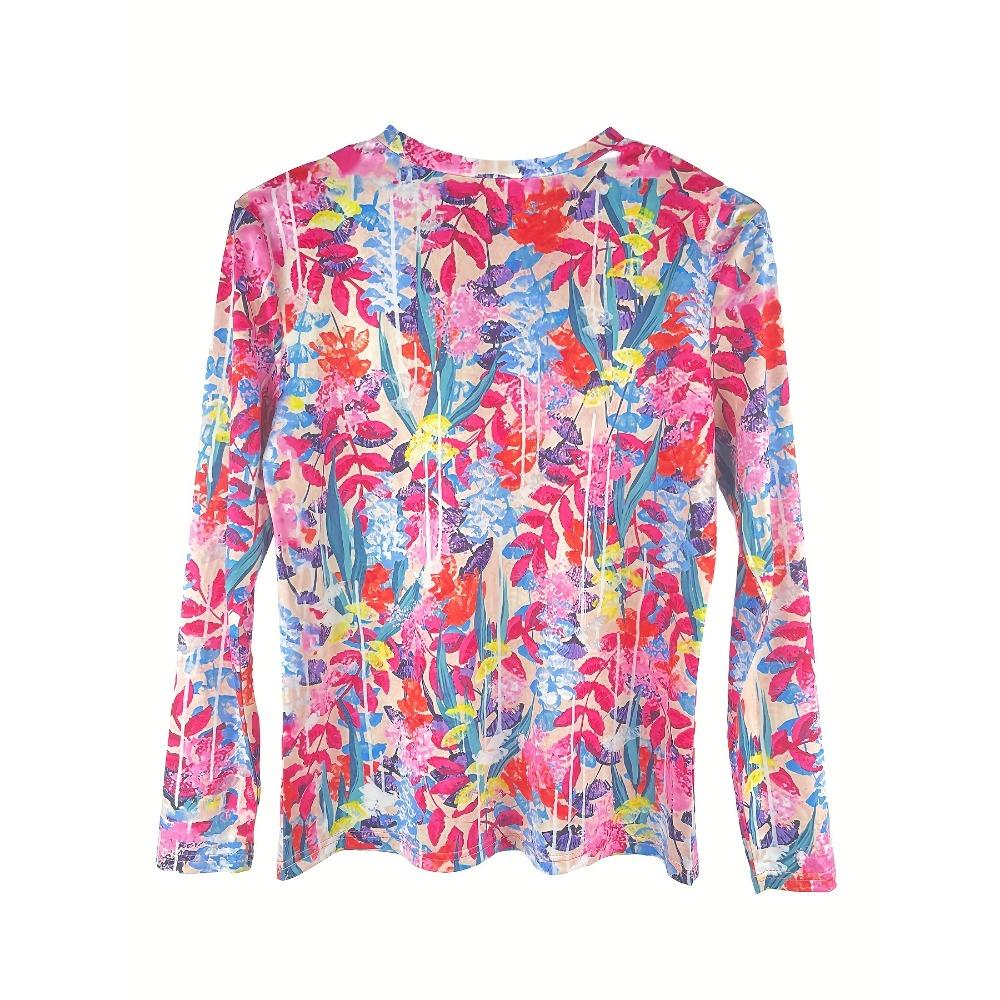 Colorful Plant Print Crew Neck T-Shirt Spring and Autumn Casual Long Sleeve Top Women's Clothing
