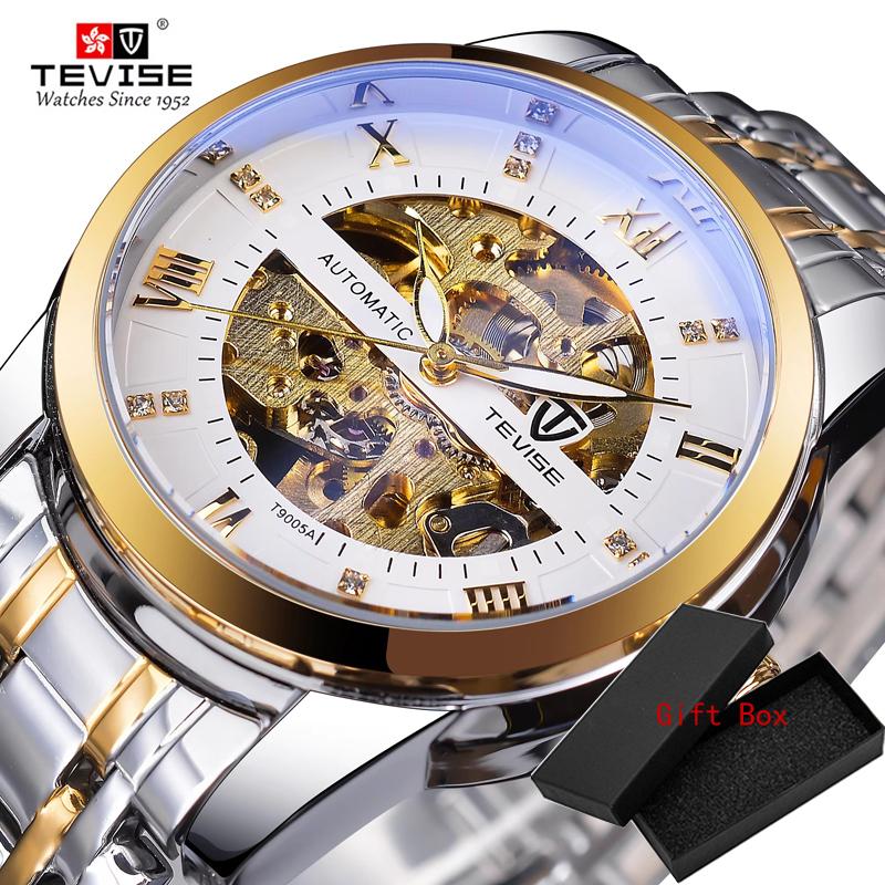 Fashion Tevise Retro Diamond Design Black Gold Mechanical Top Brand Automatic Full Steel Luxury Skeleton Waterproof Wrist Watch