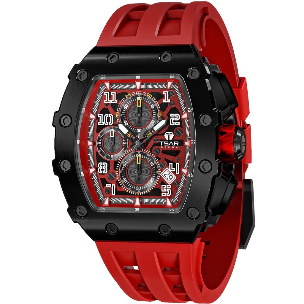 TSAR BOMBA 5 ATM Water Tonneau Stainless Barrel Men's Wristwatch, Resistant, Shape, Steel, Business, Sports, Luxury, Fashion, Casual, Shape, Black/Red