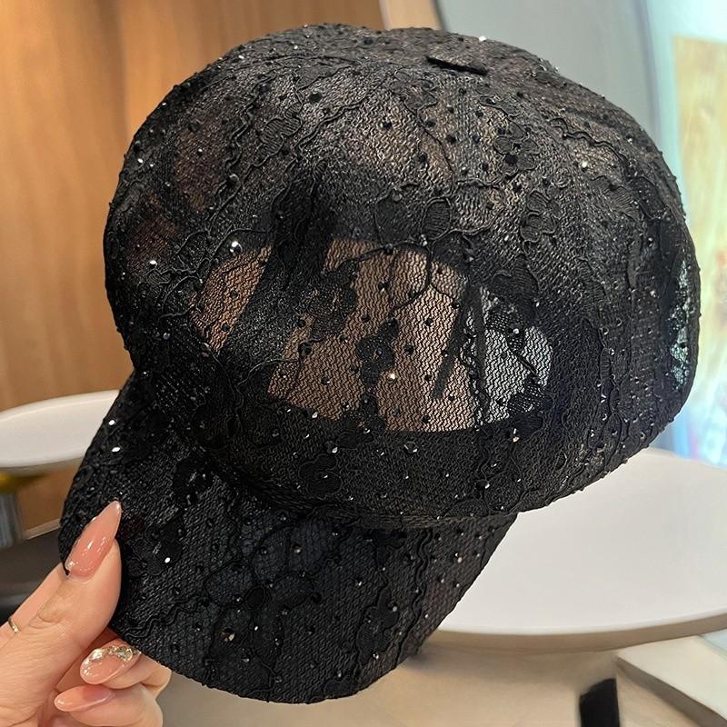 Sommer Spitzen-Netz-Sonnenhut mit Strasssteinen für Damen Modischer Retro-Sonnenschutz