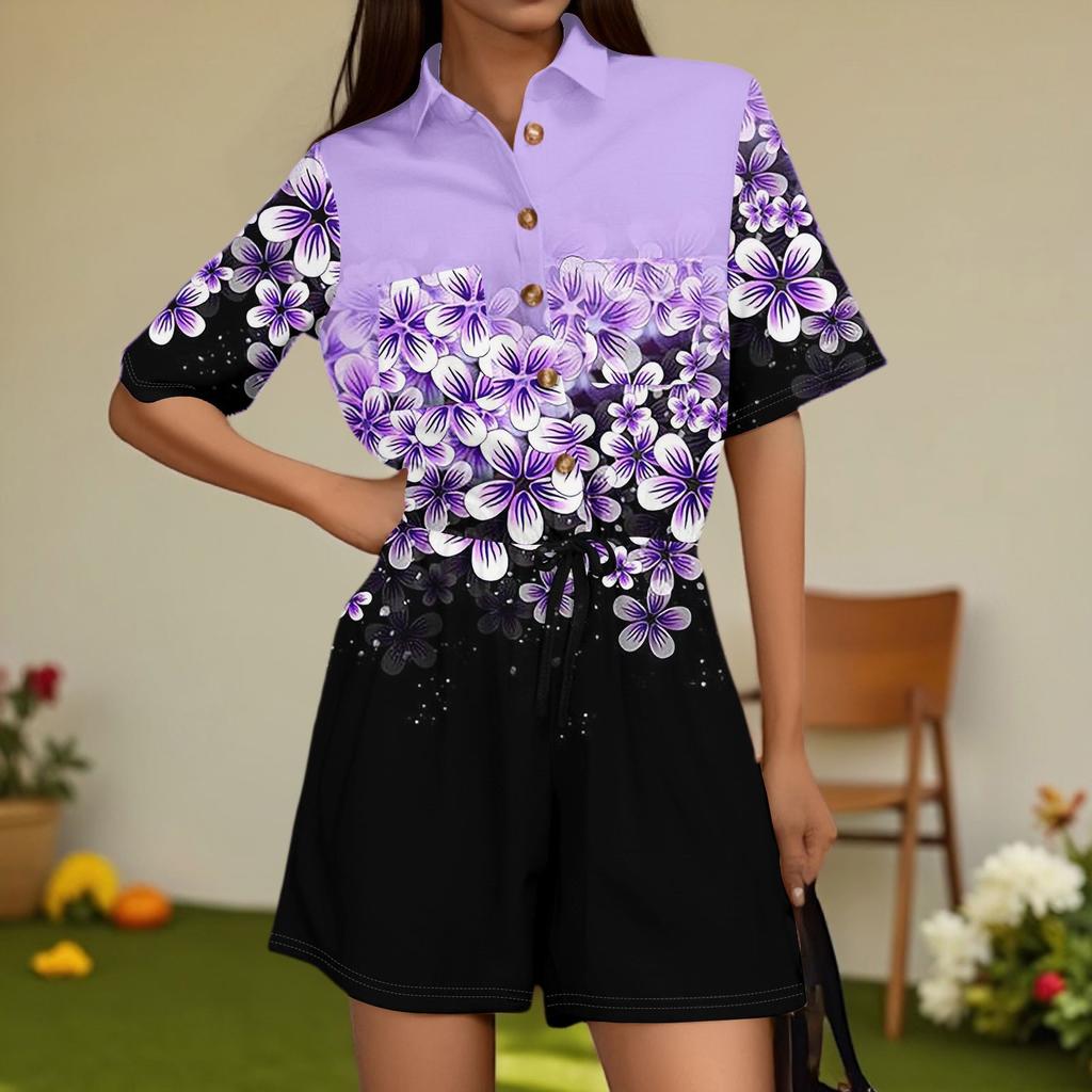 Damenmode V-Ausschnitt Jumpsuit Karomuster Lässig Kurzarm Top Jumpsuit