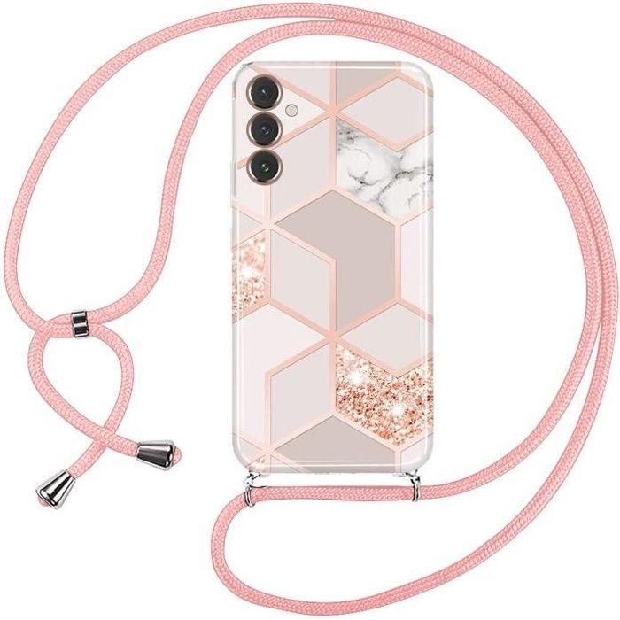 Coque Tour de Cou pour Samsung Galaxy A14 4G/5G Rose Anti-Choc Anti-Rayure Protection Silicone