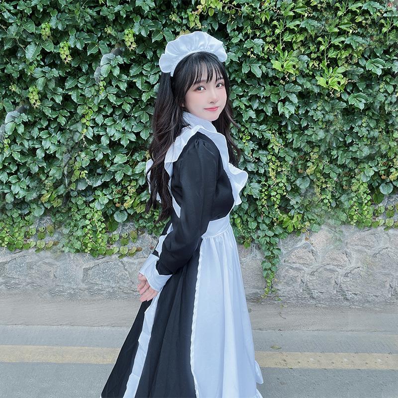 Anime langes Dienstmädchen-Outfit schwarz-weiß klassischer Stil Dienstmädchen langes Kleid Uniform niedliches Alltagskleid