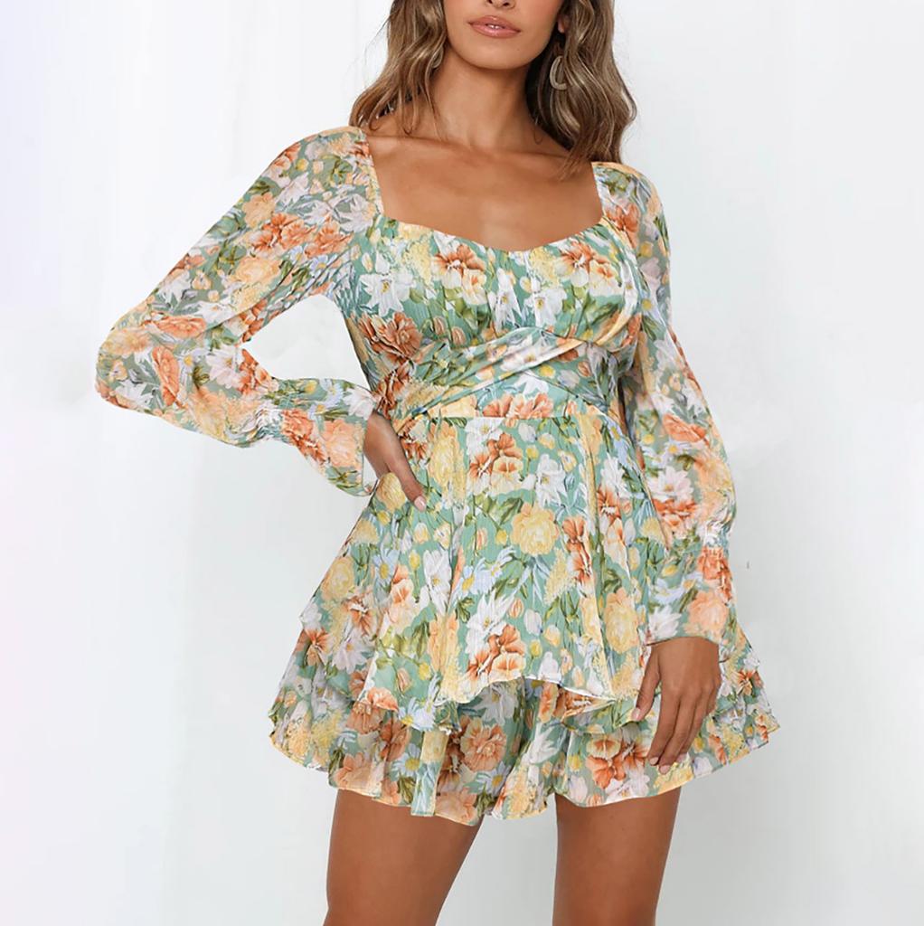Fragmented Digital Printed Women's Collar, Zipper Strap, Long Sleeved Jumpsuit, European And American Fashion Shorts