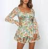 Fragmented Digital Printed Women's Collar, Zipper Strap, Long Sleeved Jumpsuit, European And American Fashion Shorts