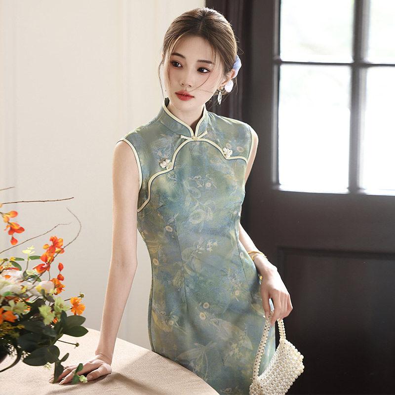 Green sleeveless national style new Chinese daily Suzhou long cheongsam improved young 1011 new women's high sense