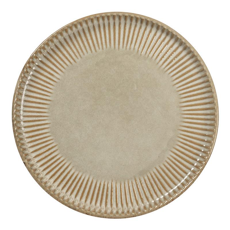 Retro Relief Striped Ceramic Plate Dinner Plate Household Western Plate Steak Plate Pasta Plate Round Vegetable Plate