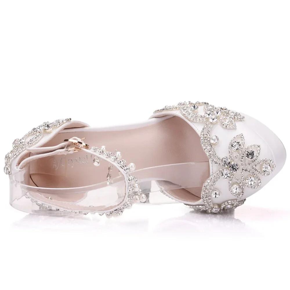 Mode 2025 Damen Sommer Sandalen Weiß Runde Zehenpartie Braut Hochzeit Damen High Heels Kleiderschuhe Strass Knöchelriemen