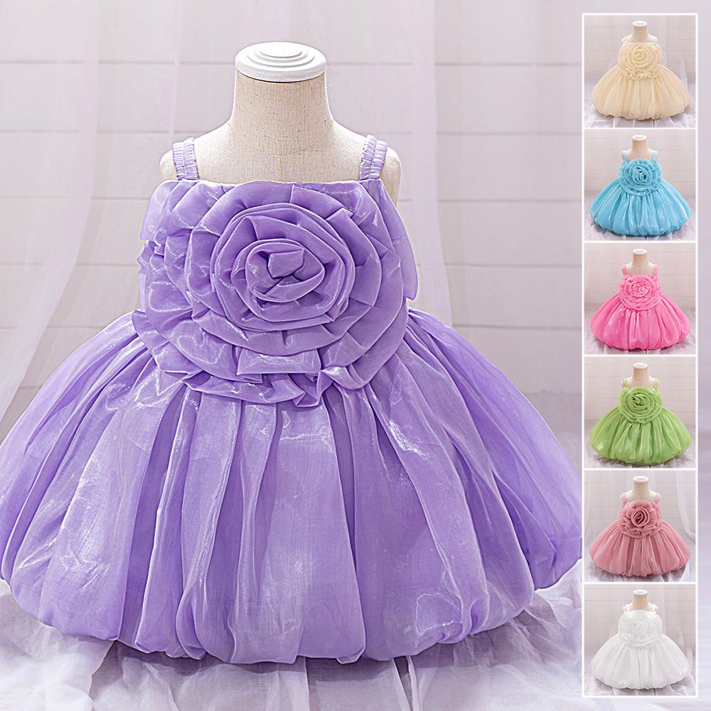 Toddler Princess Dress with 3D Rose Flowers and Shiny Satin Puff Sleeves