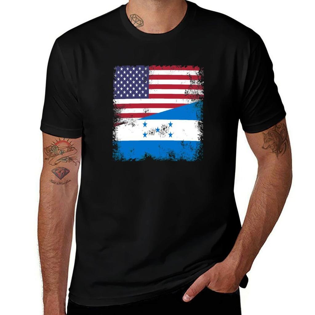Half Honduran Flag Design Vintage Honduras USA Gift T-Shirt Plus Size Workout Short Sleeve Top