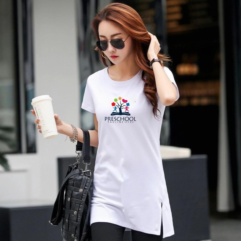 Nowa Bawełniana Koszulka, Krótki Rękaw, Średniej Długości, Z Nadrukiem, Biała Letnia Koszulka, Zakrywająca Brzuch i Biodra