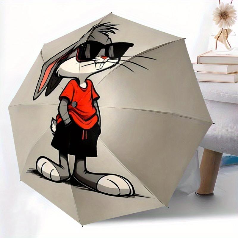1 Stück Bugs Bunny Looney Tunes Automatisches Auf-/Zuklappbares Tragbares Regenschirm mit 8-Rippen-Struktur für Damen/Herren, Ganzjahresnutzung a0901022