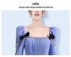 Chic Blue Retro French Square Neck Puff Sleeve Dress with Bow, 2024 Spring/Autumn.