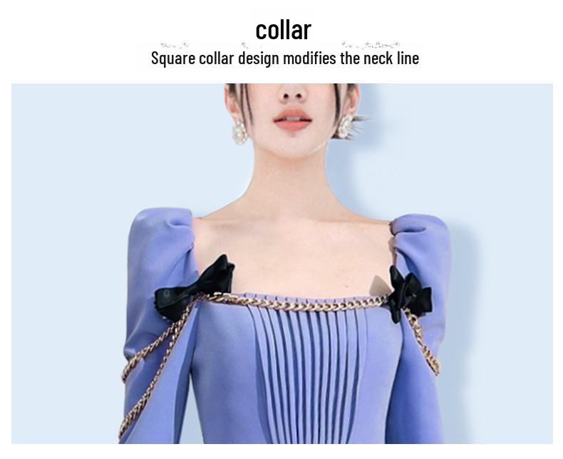 Chic Blue Retro French Square Neck Puff Sleeve Dress with Bow, 2024 Spring/Autumn.