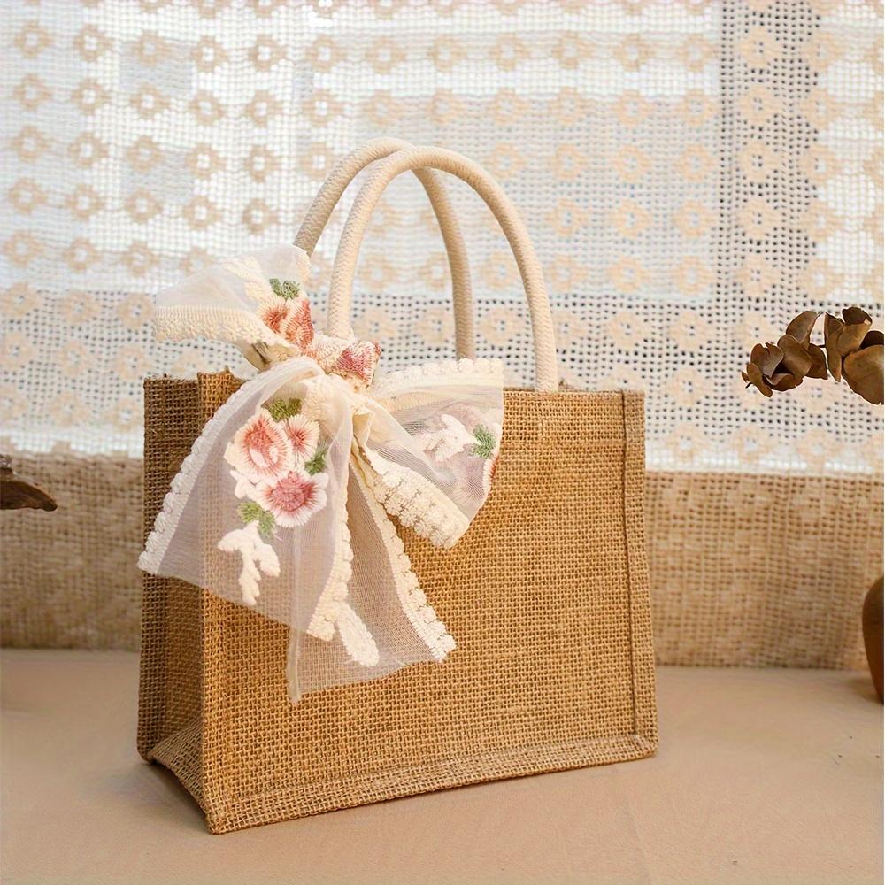 Burlap Tote Bag with Lace Ribb Reusable And Durable, Jute Gift Handbags for Wedding Bridesmaid Grocery Shopping Birthday Party