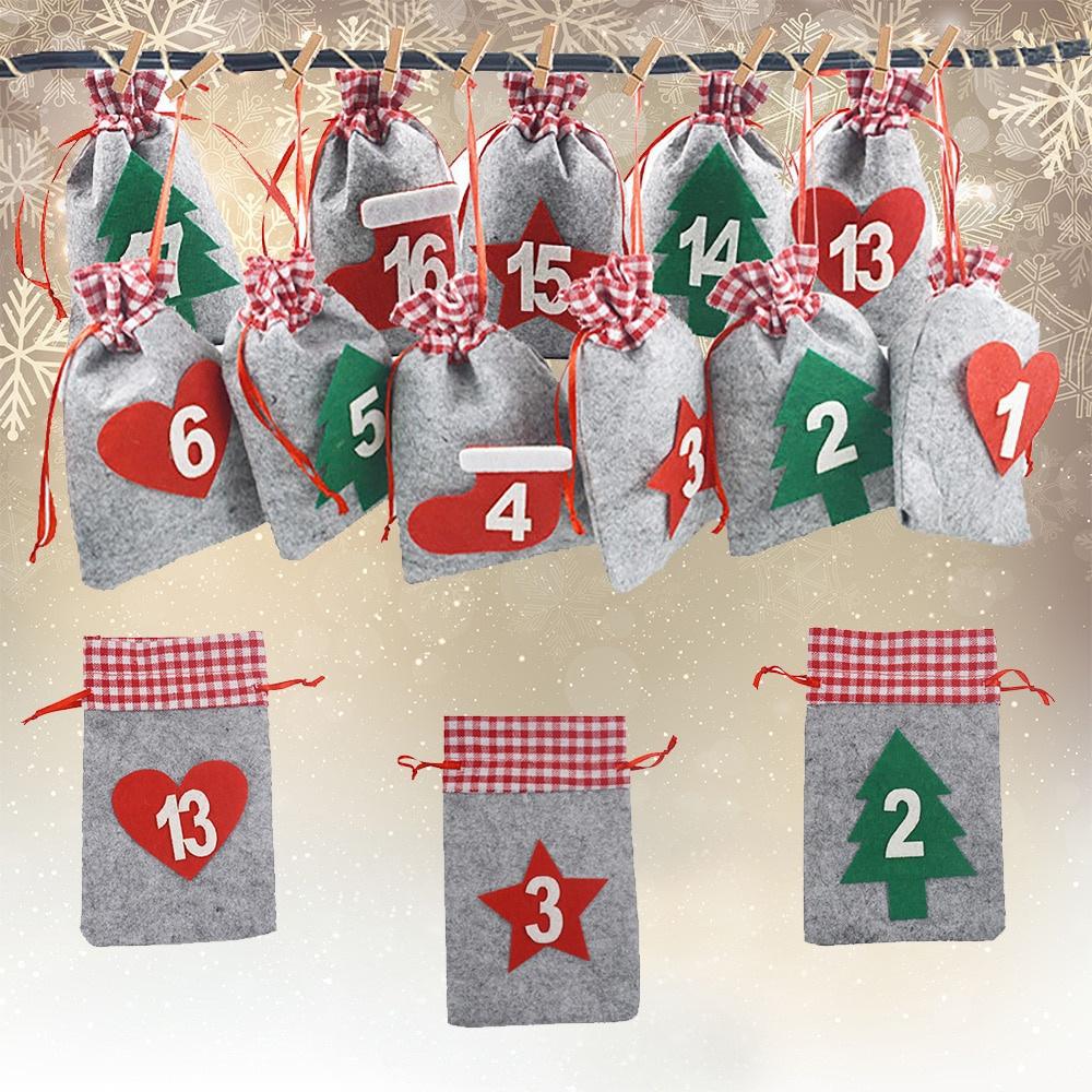 24PCS DIY Hanging Candy Gift Sacks Christmas Decoration Christmas Advent Calendar Countdown Bag