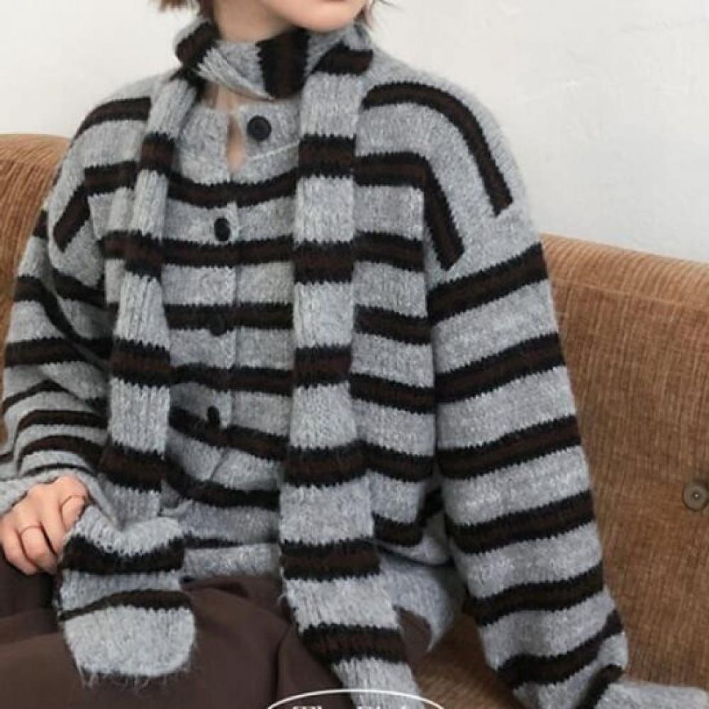 The Pink Men Puda Stripe Wool Knit Cardigan + Scarf Set