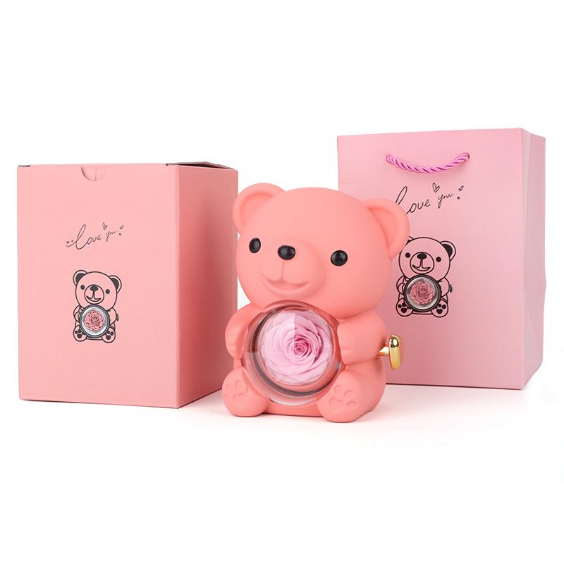Rotating Acrylic Jewelry Box with Teddy Bear & Eternal Rose for Valentine's Day