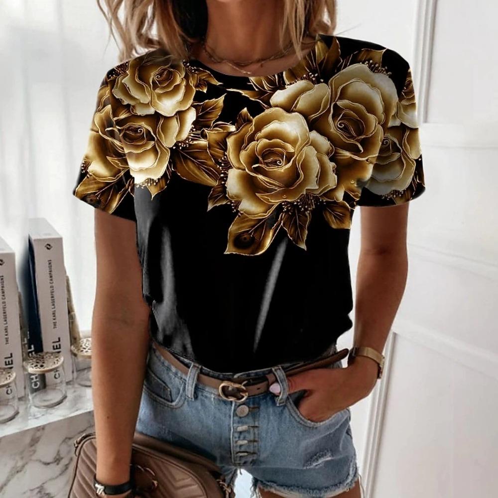 Summer Women's Rose 3D Printed Tee Shirts ONeck Pullover Floral Theme Painting Basic Tops Casually New Design Tee Shirts