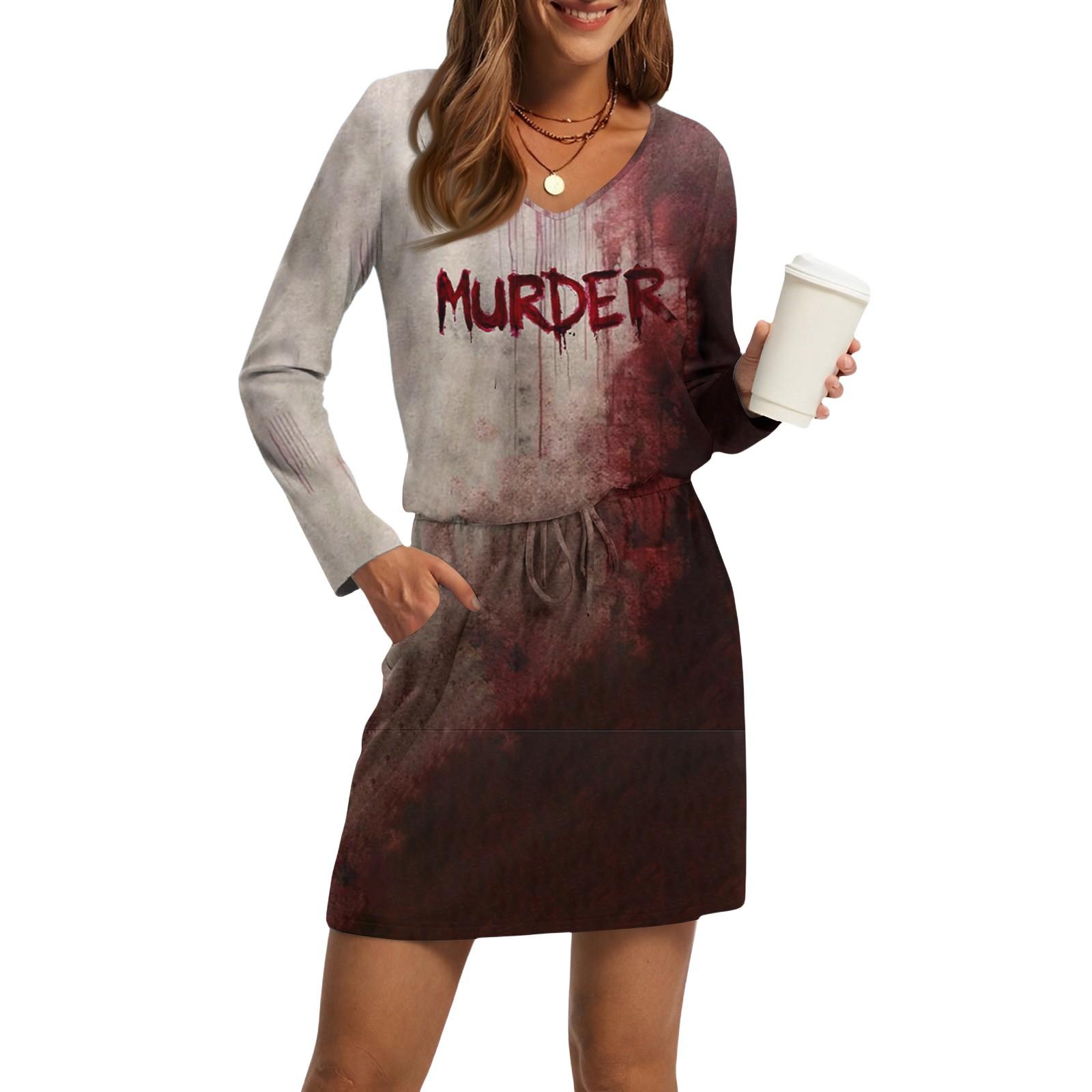 

Women s Fashion V-Neck Long Sleeve Drawstring With Pocket Halloween Printed Casual Dresses S винний