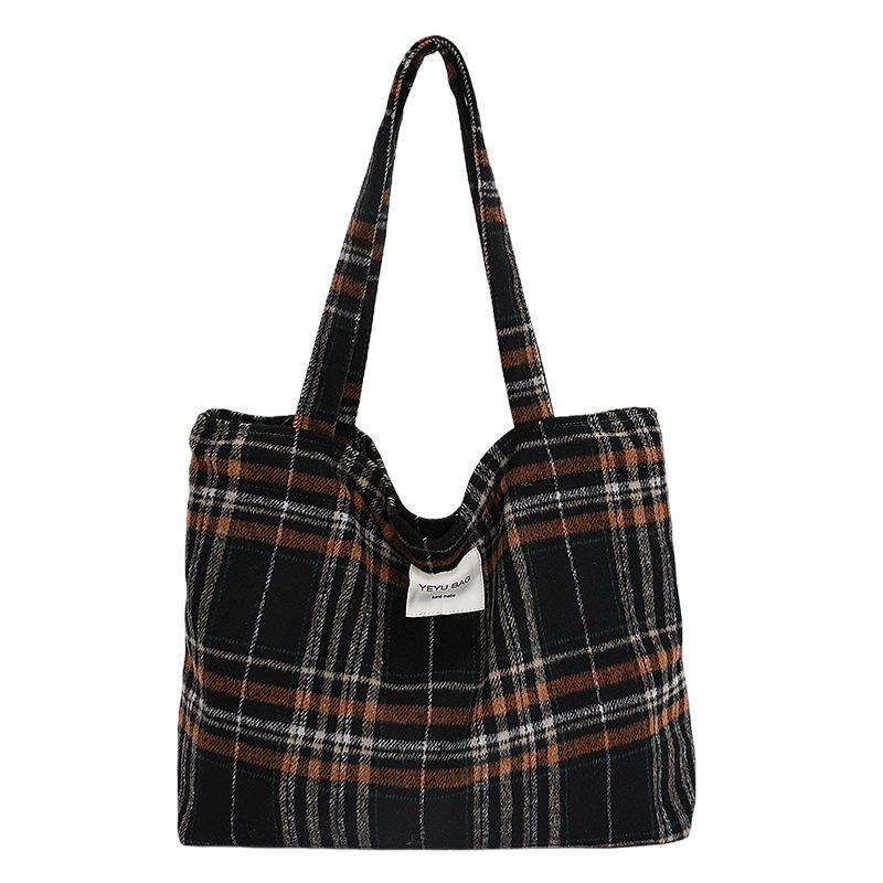 Colored Plaid Women's Woolen Shoulder Bags Vintage Large Capacity Ladies Handle Canvas Tote College Style Girls Book Handbags
