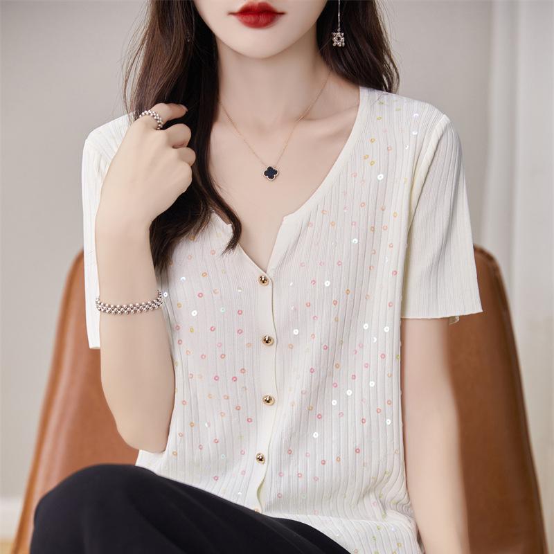 

Женская летняя футболка-кардиган из шелка Ice Silk с пайетками и шнурком One Size