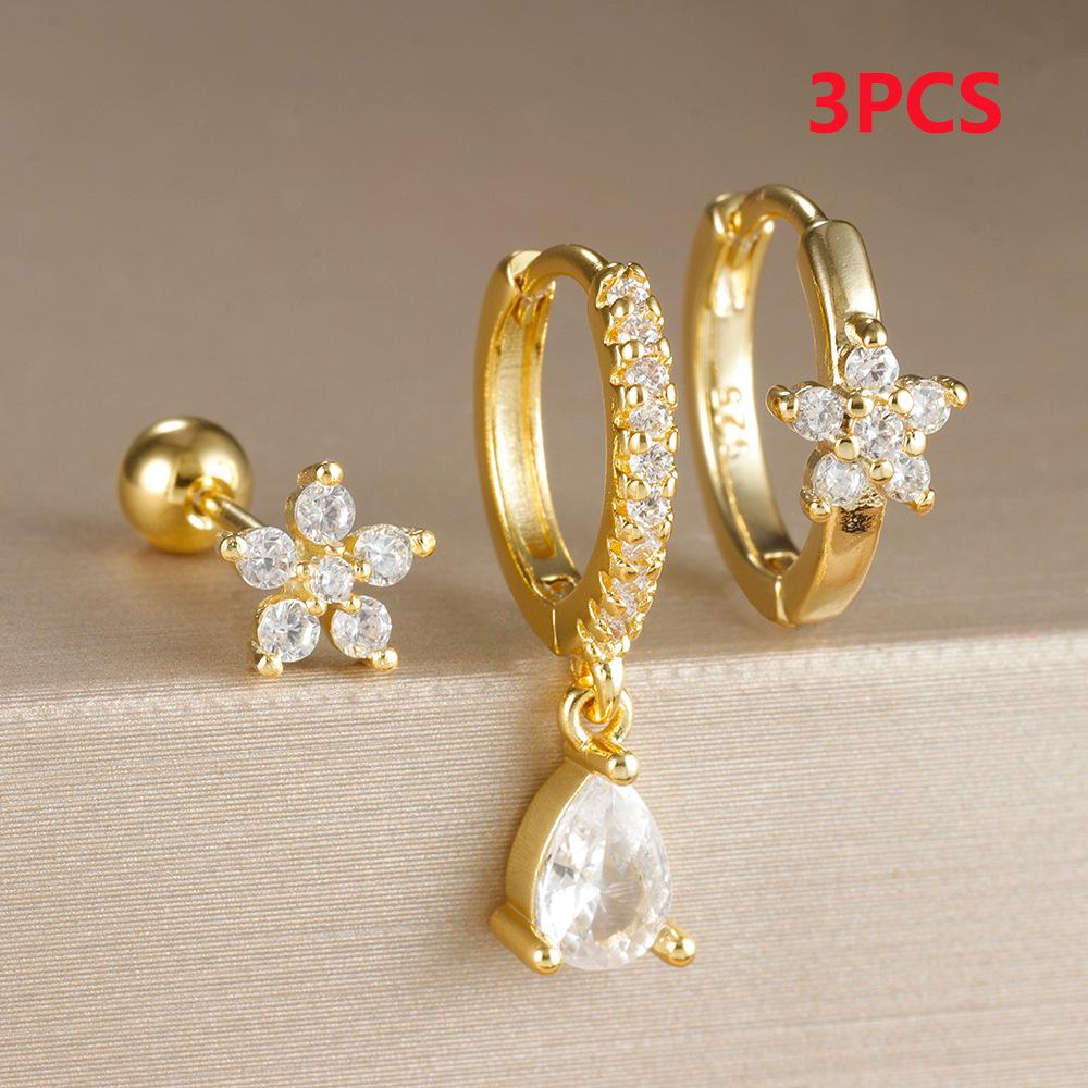 3-Piece Rhinestone Floral Water Drop Earrings & Ear Cuff Set for Women