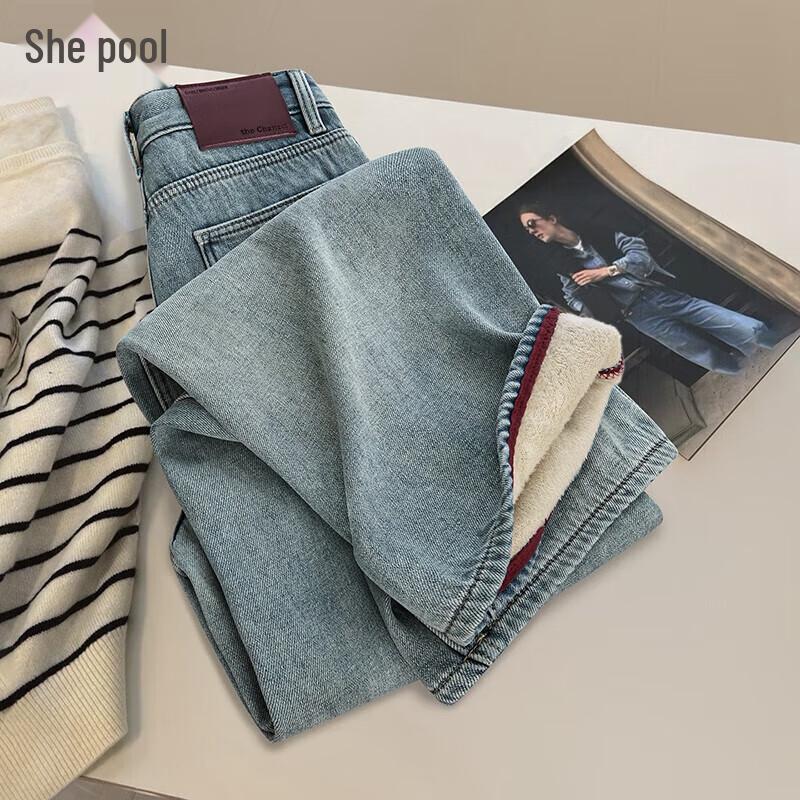 

Taichi Women s Fleece-Lined Retro High-Waisted Straight Jeans S