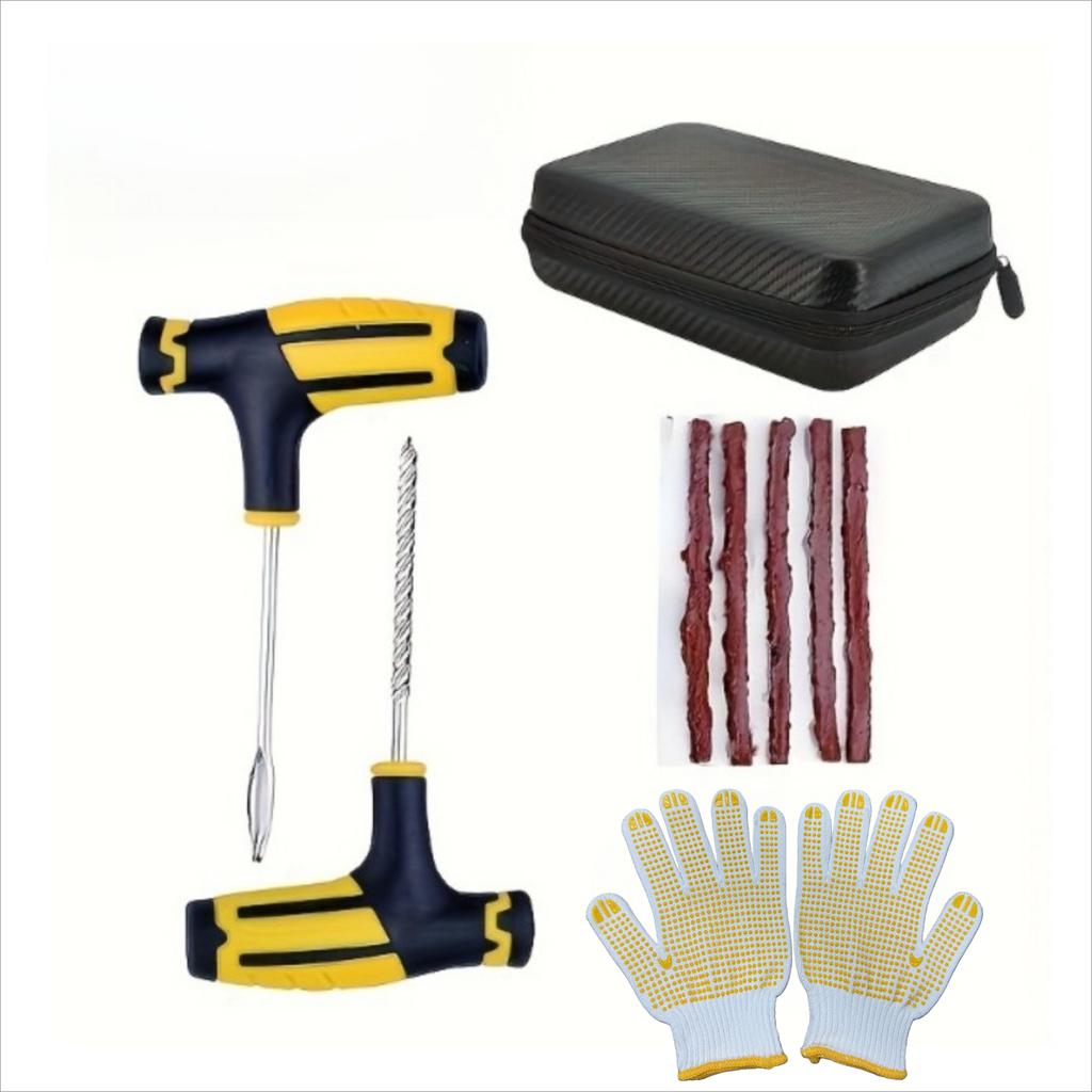 All-in-One Emergency Car Tire Repair Kit - Puncture Plug Tools with Strips,Gloves & Gauge, Universal, Easy To Use