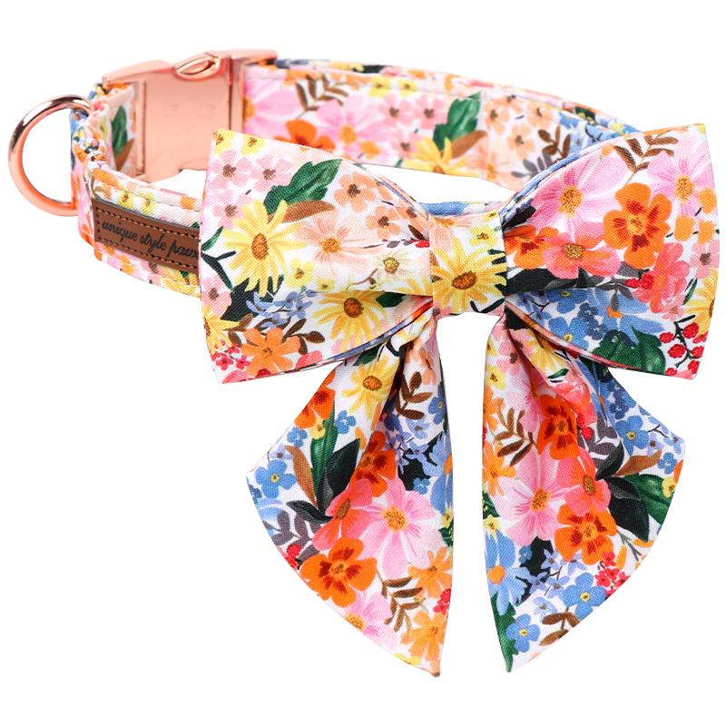 Unique Summer Spring Flower Dog Cat Collar Set with Bow Tie Personal Custom Puppy Necklace XS-XL
