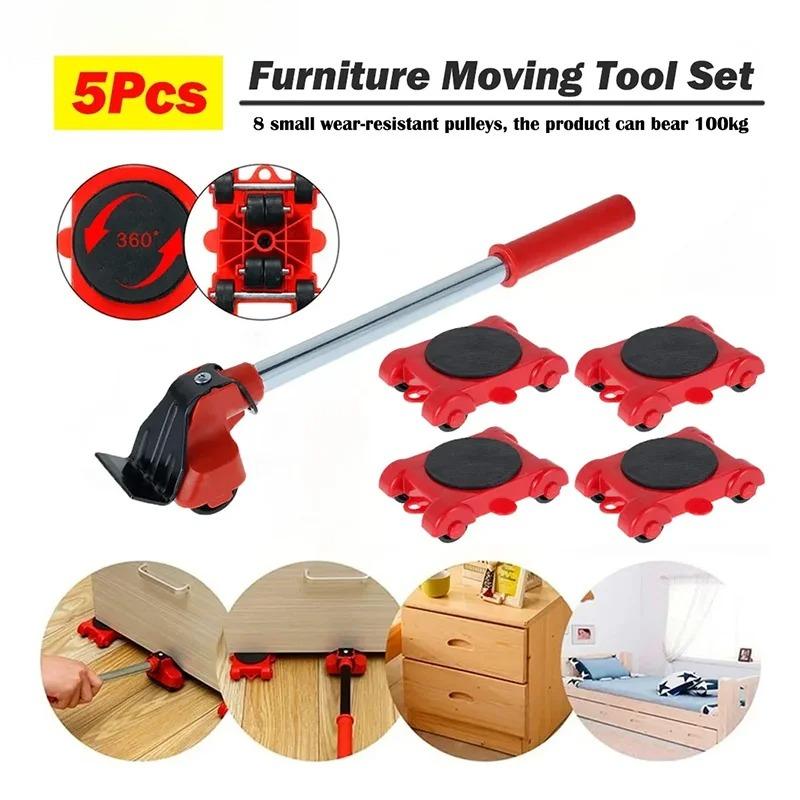 Set da 5 Pezzi Sollevatore Mover per Mobili Duty con Barra a Ruote Dispositivo di Movimento Ausilio per Sollevare Mobili